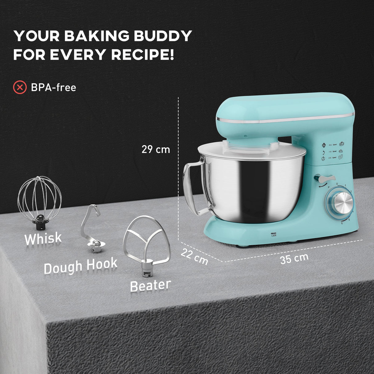 Wise Galleria Stand Mixer in pastel blue with whisk, dough hook, and beater for all baking needs