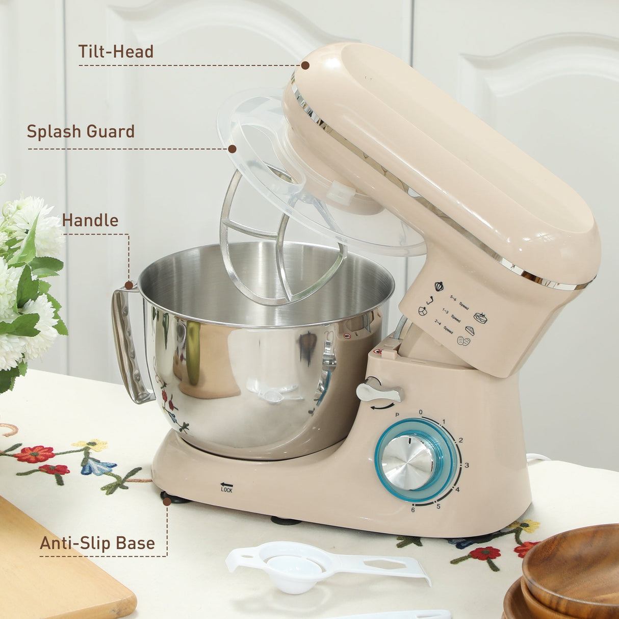 Wise Galleria Stand Mixer with Tilt-Head, Splash Guard, Handle, and Anti-Slip Base