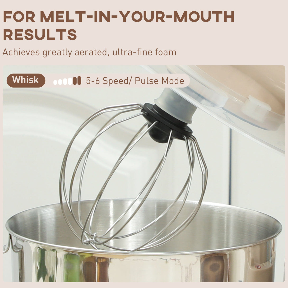 Stand Mixer with whisk attachment for aerating ingredients with 5-6 speed settings and pulse mode