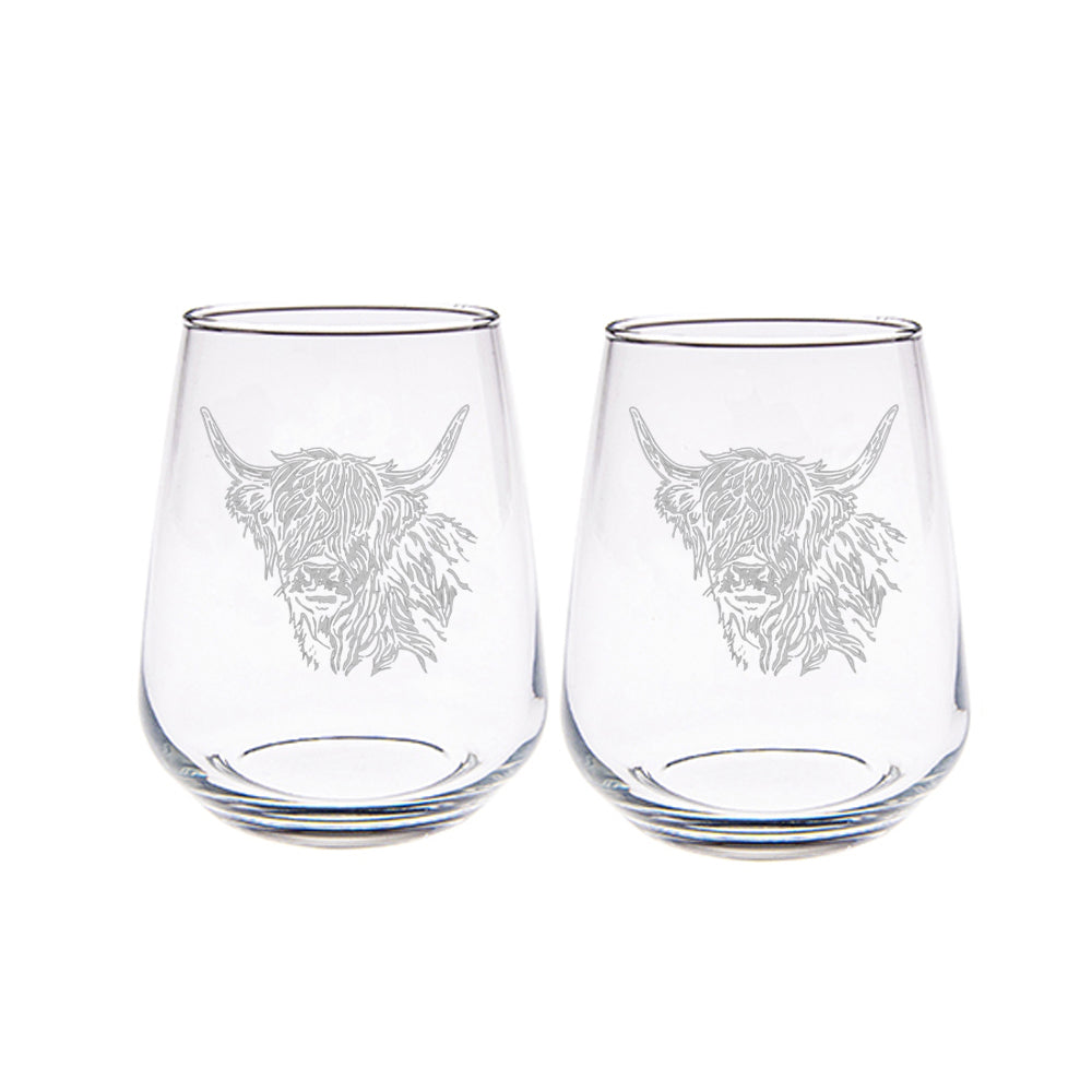 Set of two Selbrae House stemless glasses with a Highland cow engraving