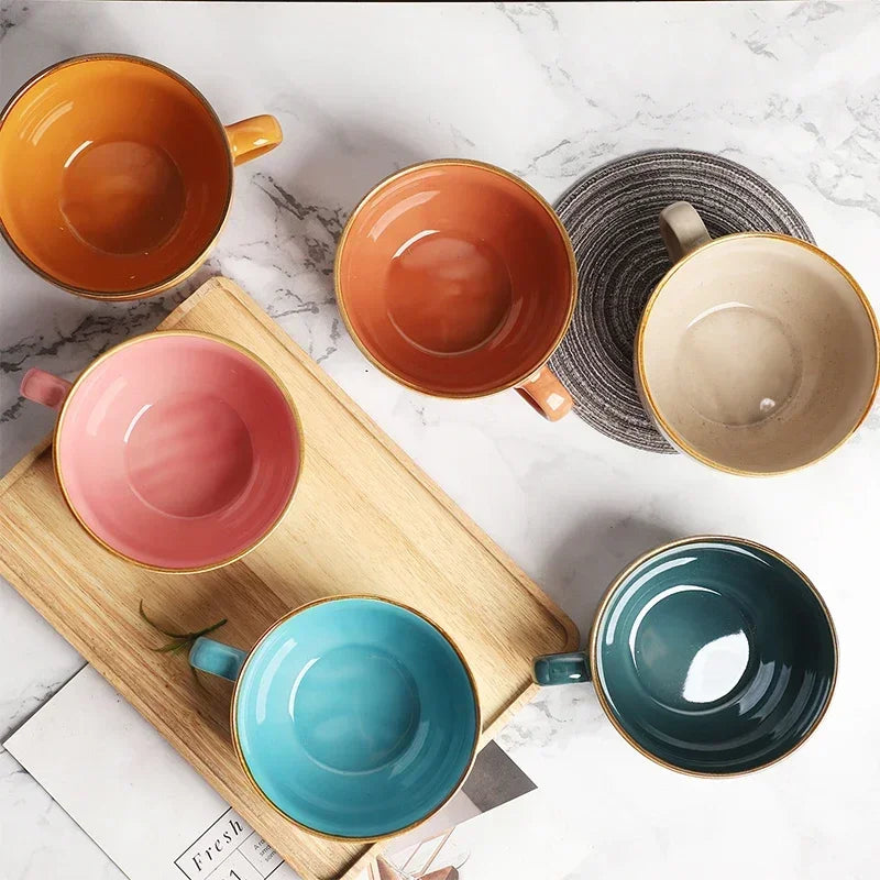 Colourful Stoneware Cup Set in Various Shades on a Wooden Tray for Stylish Dining