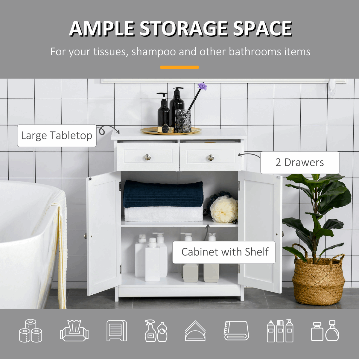 Bathroom Floor Storage Cabinet With Two Drawers White Unbranded