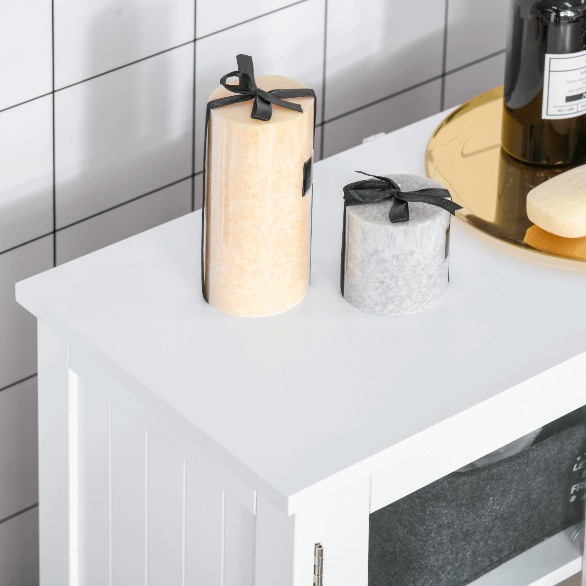 Bathroom Floor Storage Cabinet with Tempered Glass Doors White kleankin