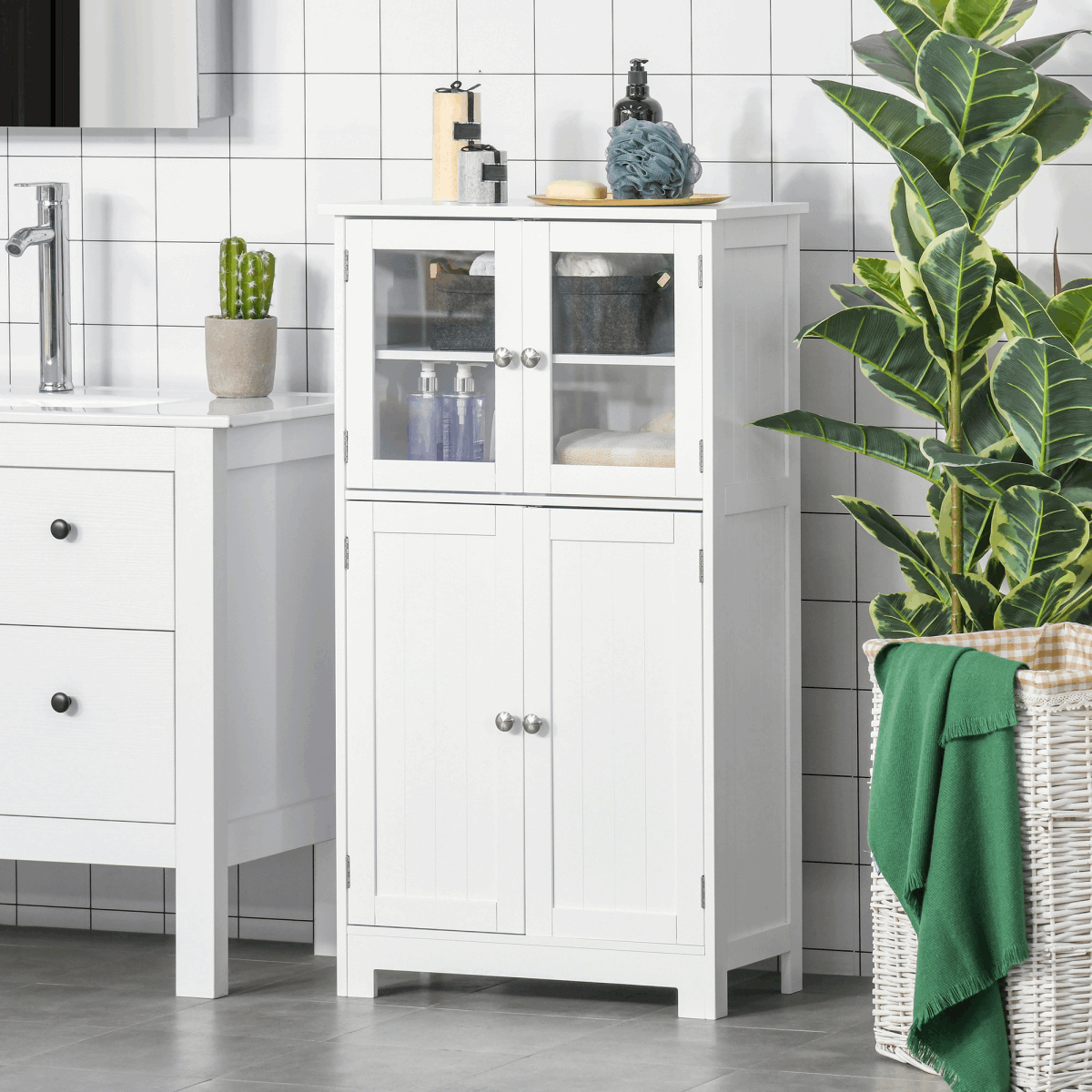 Bathroom Floor Storage Cabinet with Tempered Glass Doors White kleankin