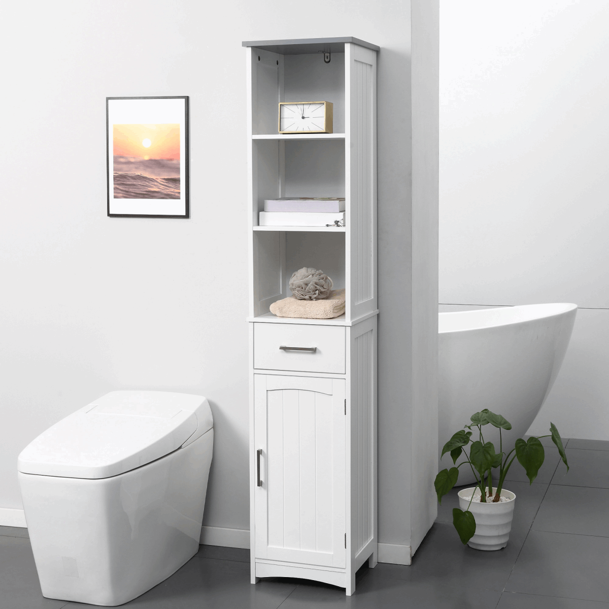 Tall Bathroom Storage Cabinet, Slim Freestanding Linen Tower, White Unbranded