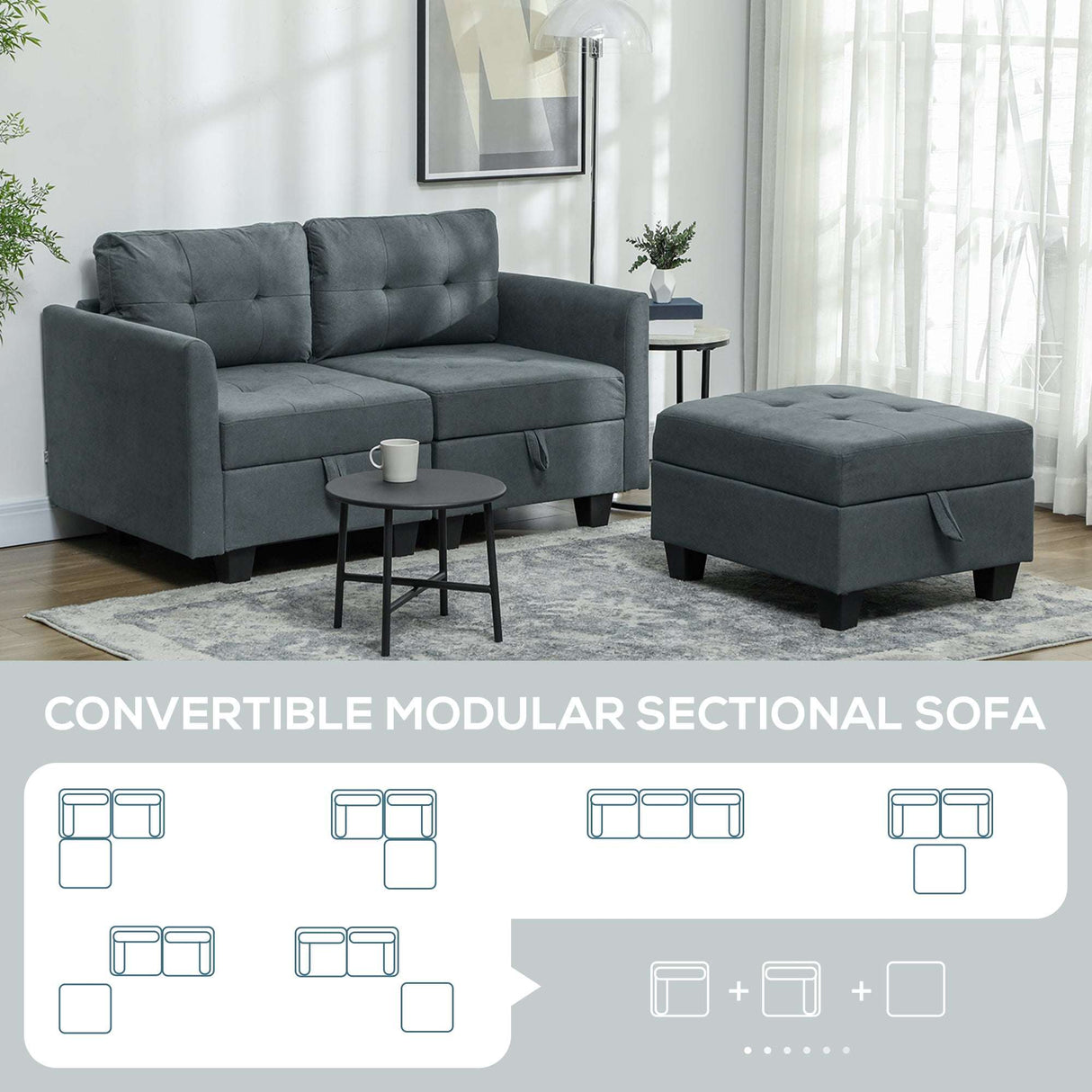 Convertible modular sectional sofa with ottoman and storage features for versatile living spaces