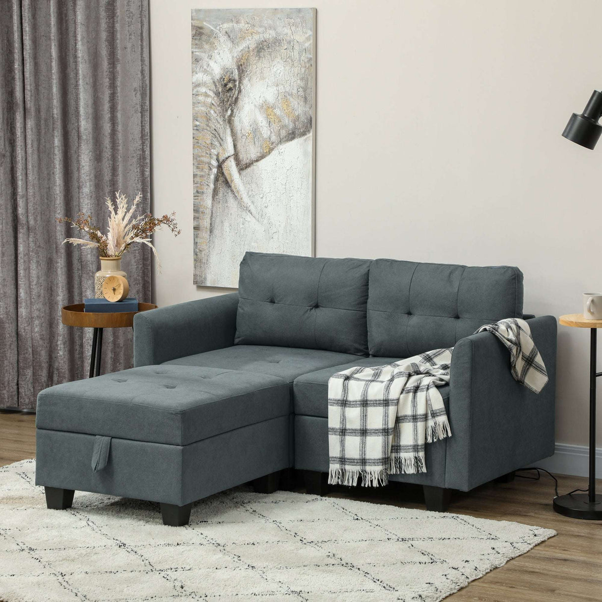 Wise Galleria Storage Sofa in Grey with Tufted Design and Chaise Lounge for Stylish Living Rooms