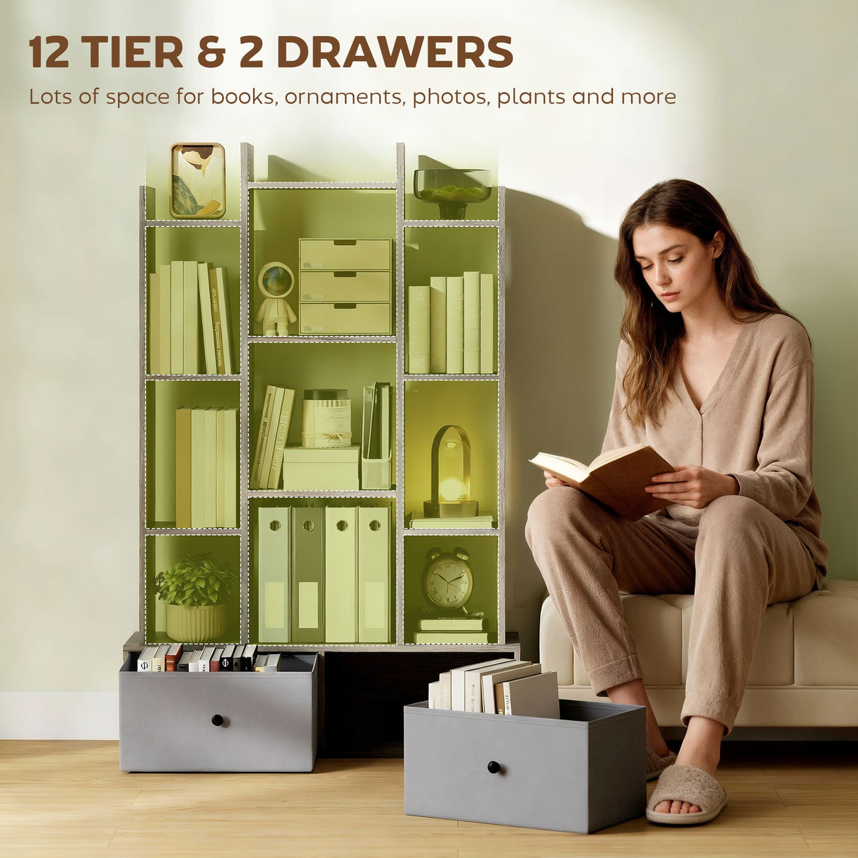 Wise Galleria storage unit with 12 tiers and 2 drawers for books, ornaments, and plants