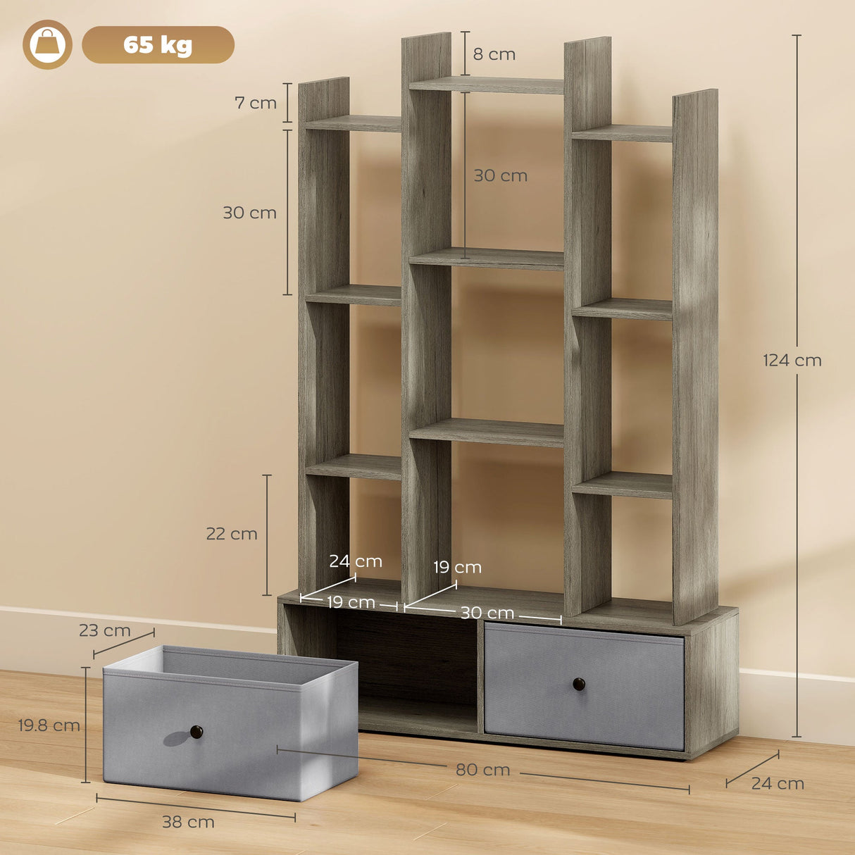 Stylish storage unit with multiple shelves and two grey drawers for organisation in modern home decor