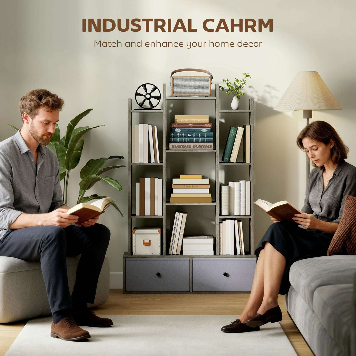 Industrial storage unit with shelves and drawers, enhancing home decor while providing ample storage space