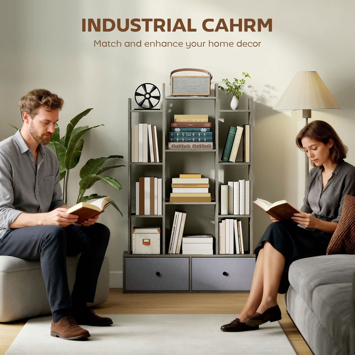 Industrial storage unit with shelves and drawers, enhancing home decor while providing ample storage space