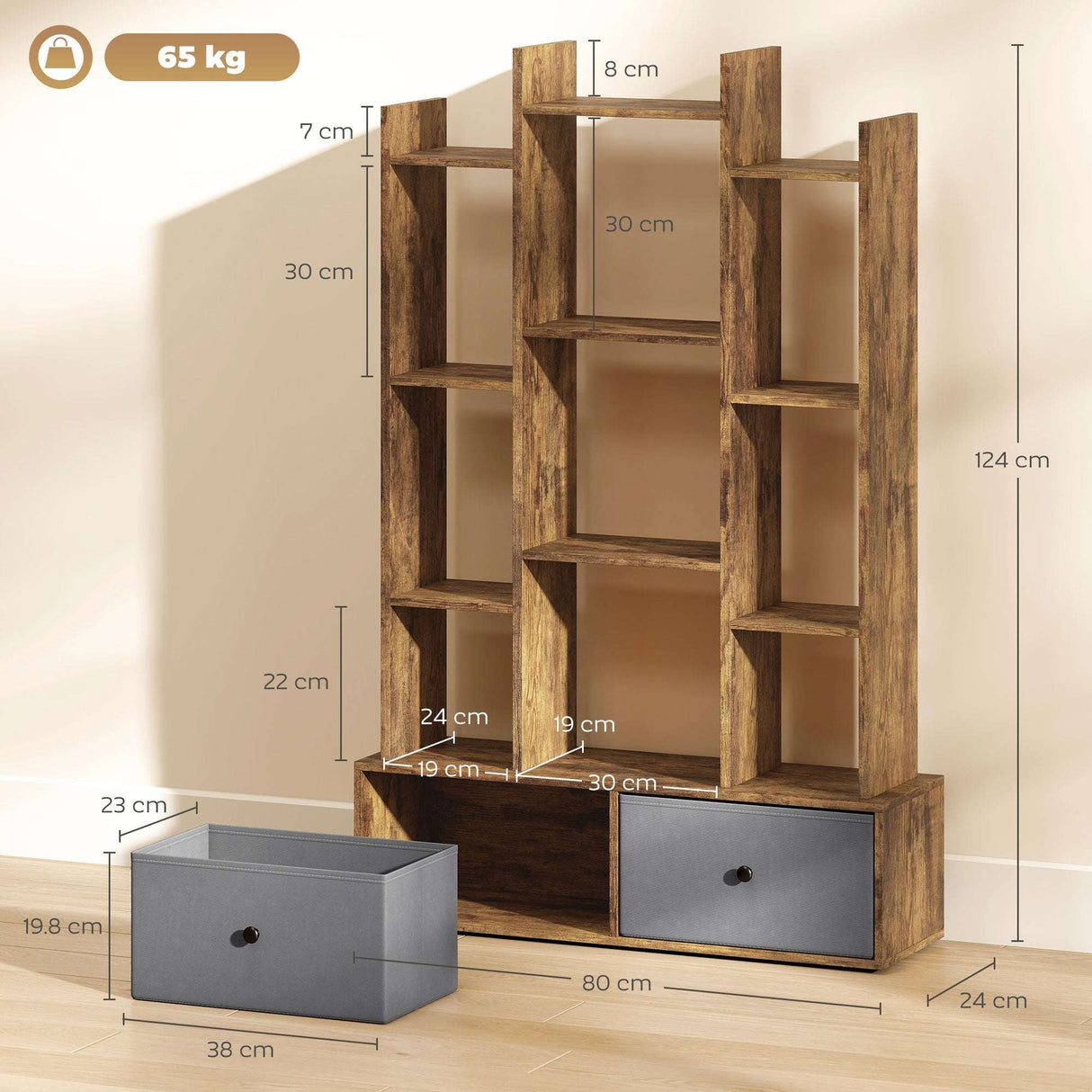 Wooden storage unit with nine shelves and two fabric drawers for organised storage and display