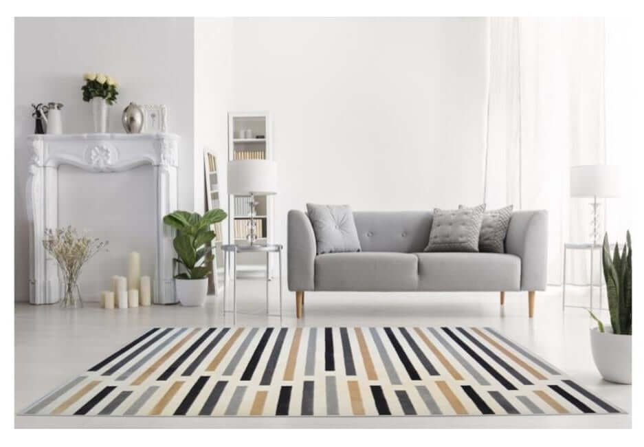 Stylish Stripe Rug in neutral tones enhancing a modern living room decor with grey sofa and plants