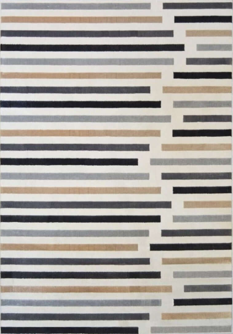 Stripe Rug in neutral tones featuring black, grey and beige parallel lines on a light background