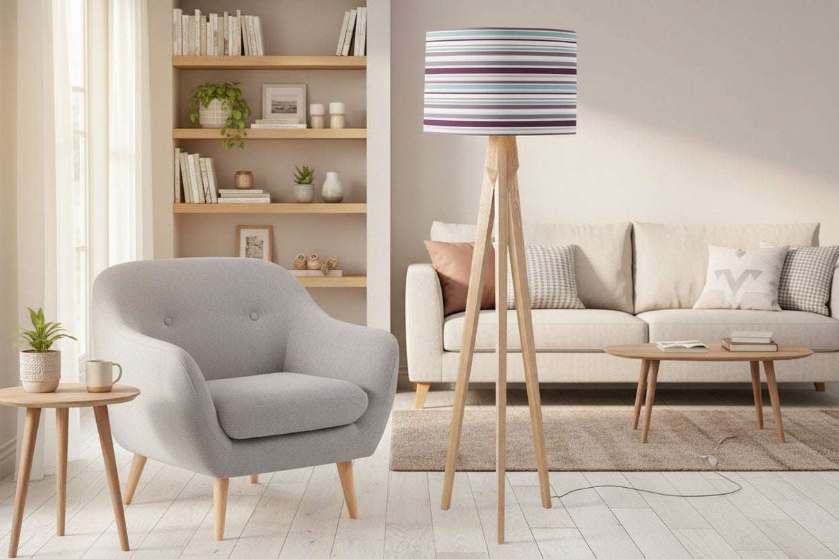 Stylish lampshade featuring stripes, enhancing modern decor in a bright living room