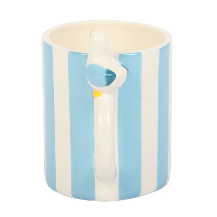 Striped Mug in blue and white with a cute bird handle for a cheerful beverage experience