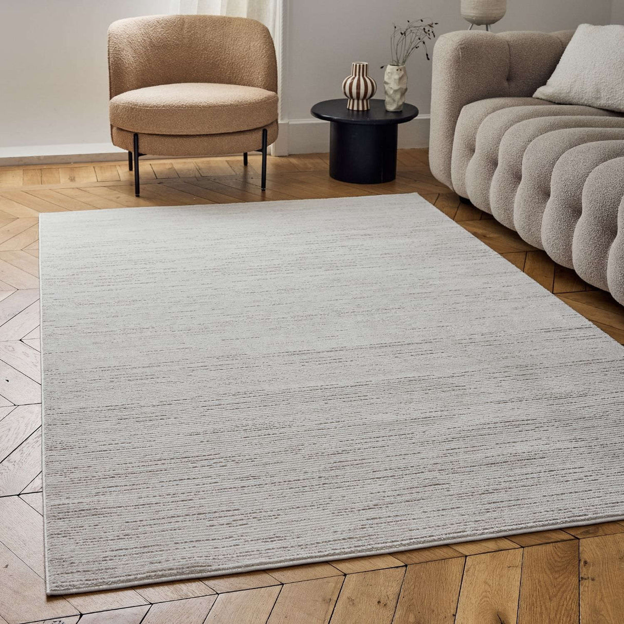 Stylish Striped Rug in a neutral tone, perfect for modern living room decor