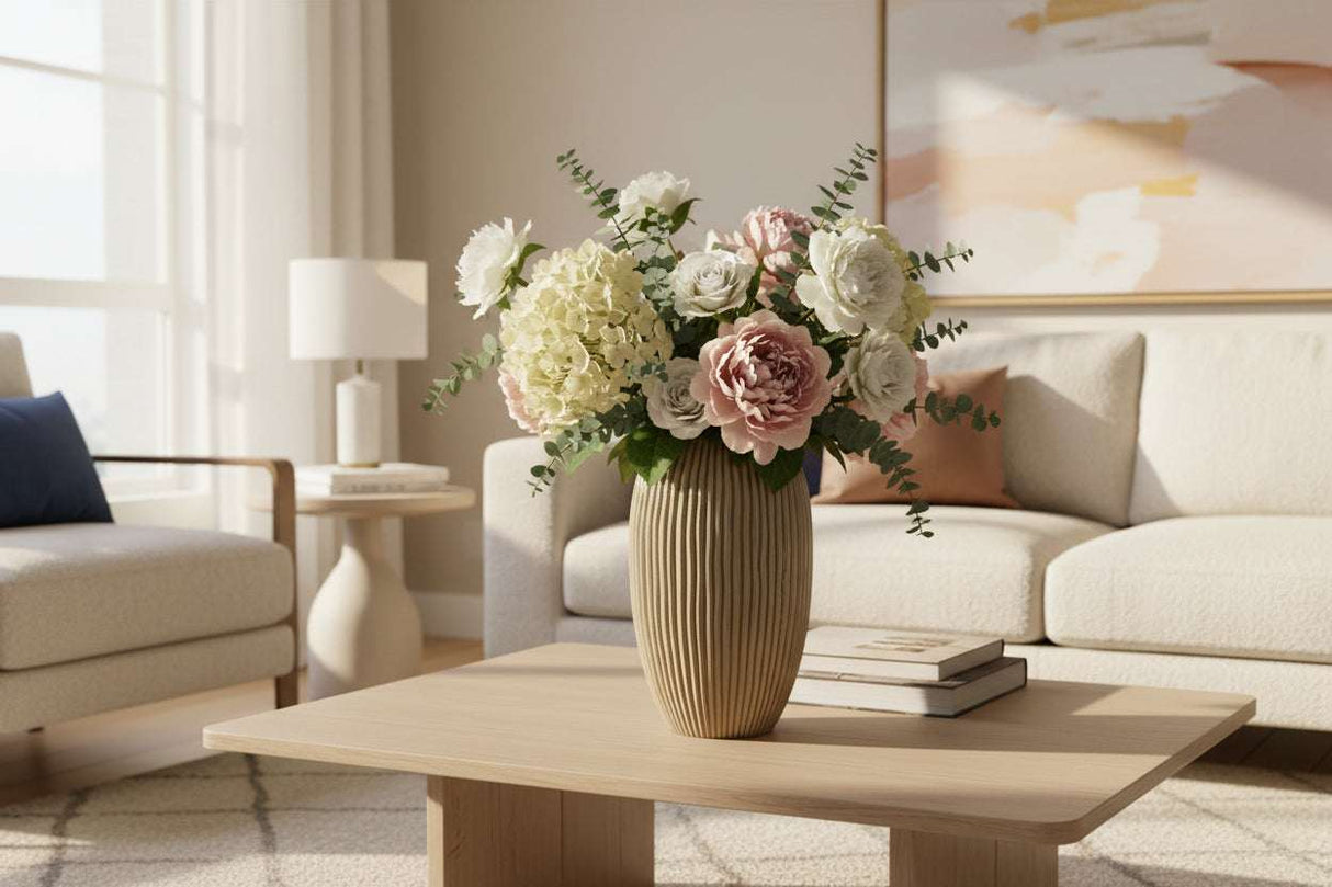 Shades 4 Seasons Striped Vase filled with elegant flowers on a wooden coffee table in a modern living room