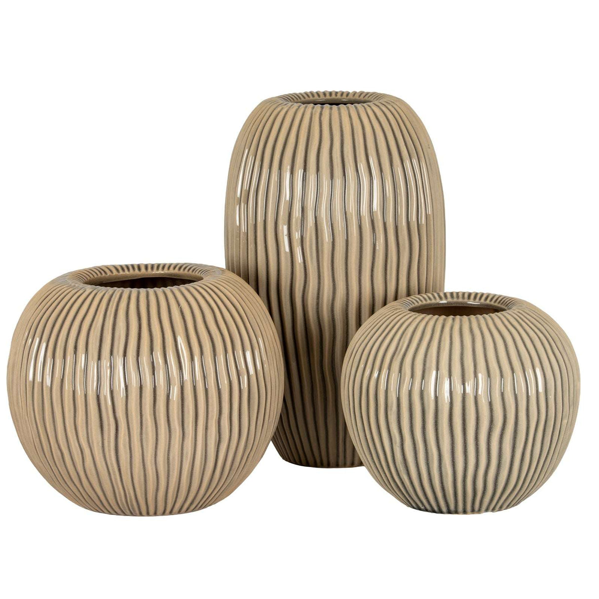Set of three striped vases in beige and cream tones with textured finishes for home decor
