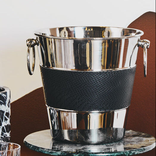 Orsina metal bucket with leather accents for chilling wine and beverages stylishly