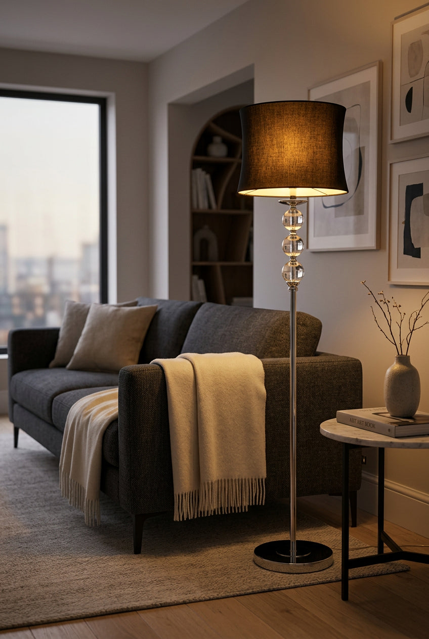 Orsina Floor Lamp with a stylish black shade and glass accents in a modern living room setting