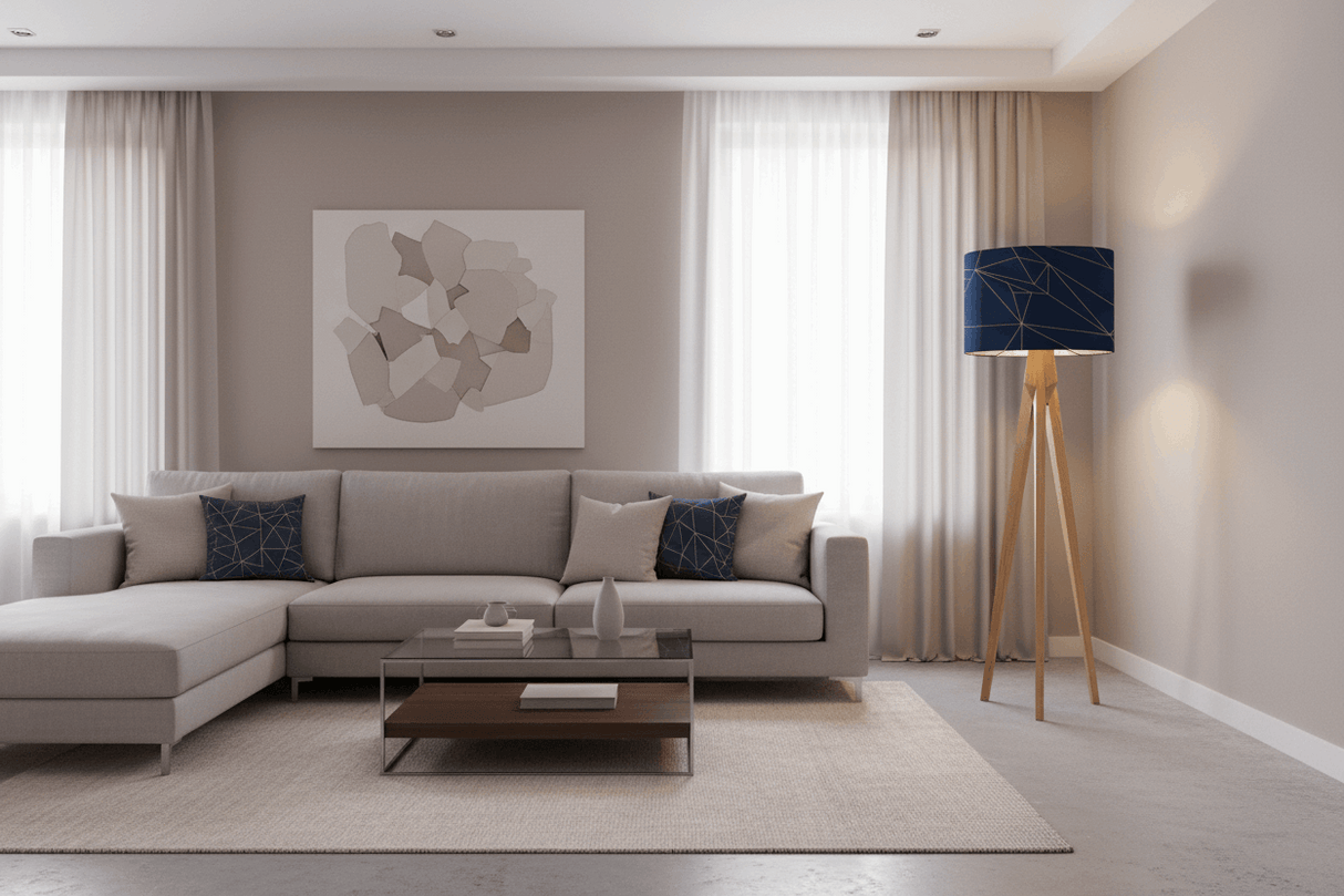 Stylish Shadow Bright lampshade in blue on a tall floor lamp in a modern living room setting