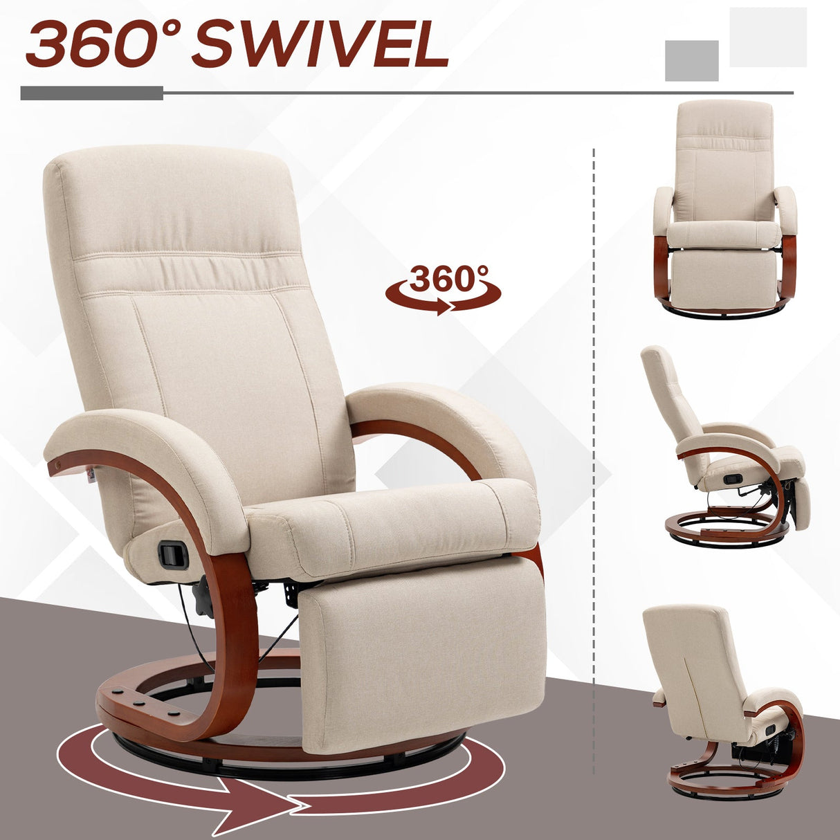 Wise Galleria 360 degree Swivel Chair in beige with wooden accents and recline feature for maximum comfort