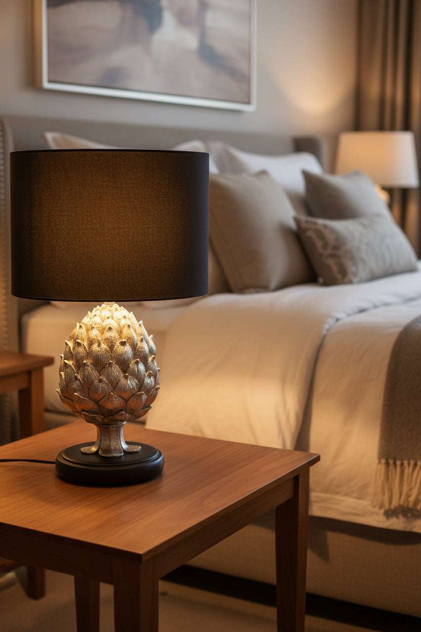 Stylish Orsina Table Lamp with a unique design illuminating a cosy bedroom setting