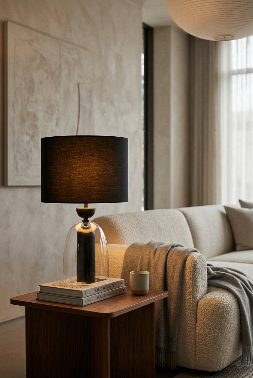 Orsina Table Lamp with a sleek black shade and a contemporary clear glass base