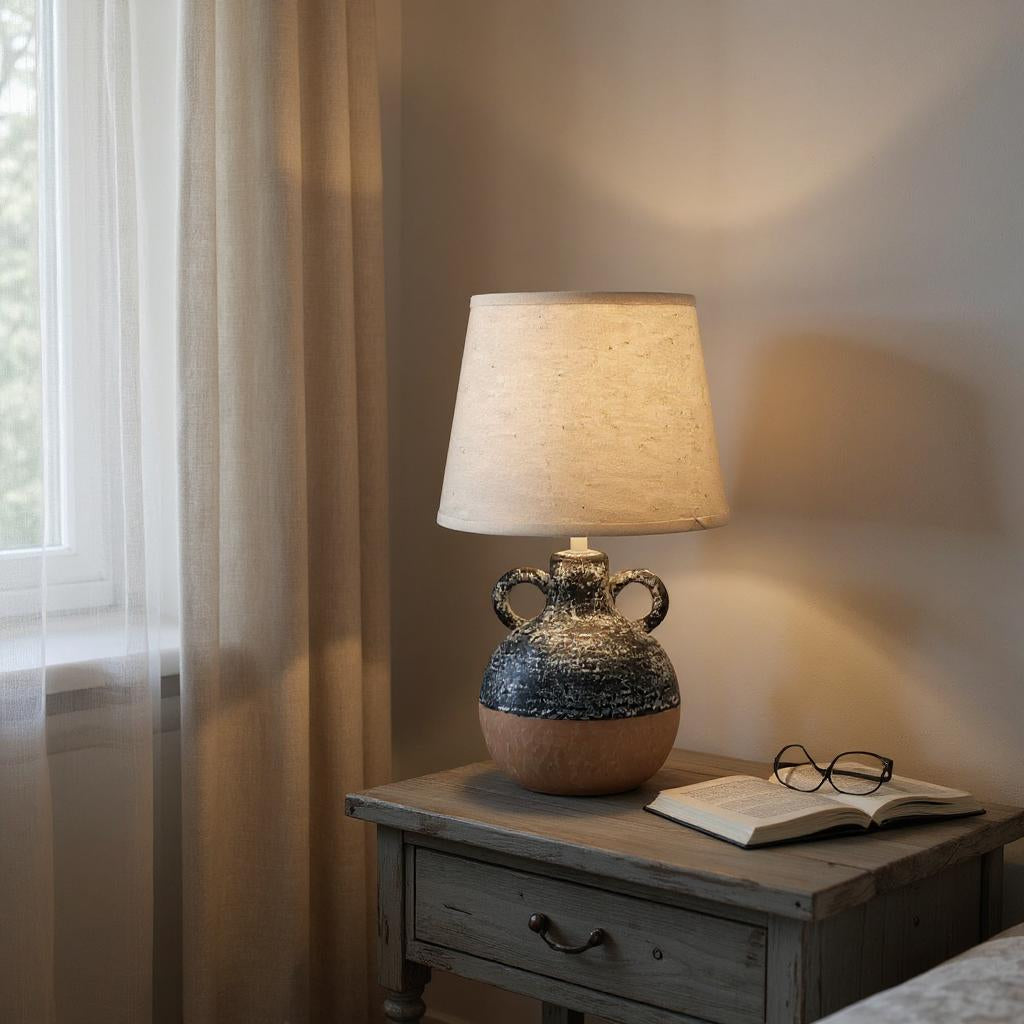 Stylish MSL Table Lamp with a textured base and natural fabric shade, ideal for cosy living spaces