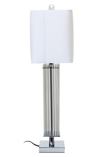Orsina Table Lamp with a clear geometric base and white square shade for modern decor
