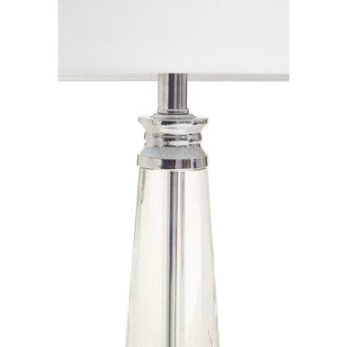 Elegantly designed Orsina Table Lamp with a clear glass base and white fabric shade