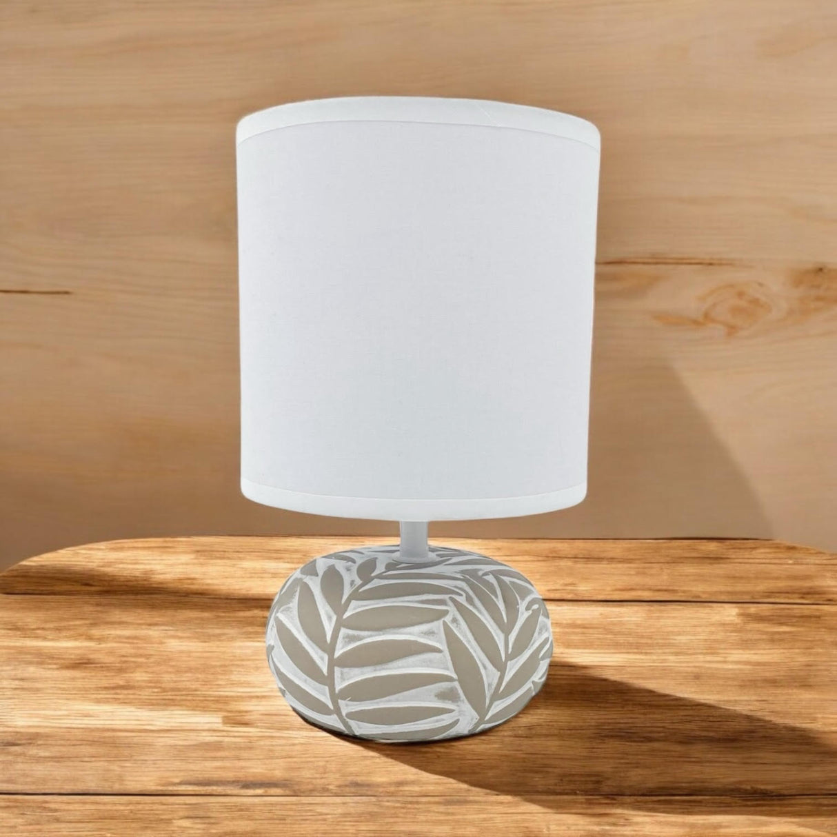 MSL Table Lamp with Grey Leaf Pattern Base and White Shade for Soft Ambient Lighting