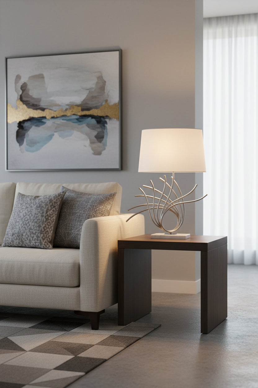 Orsina Table Lamp with a stylish silver base and white shade, perfect for contemporary living rooms