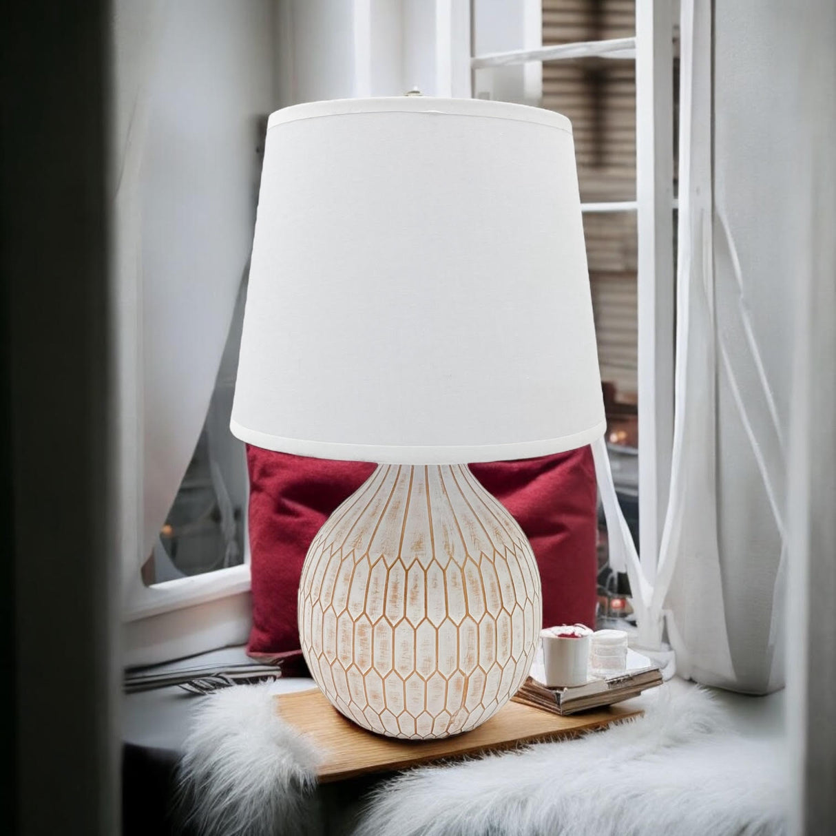 MSL Table Lamp with a textured ceramic base and white shade for stylish home lighting