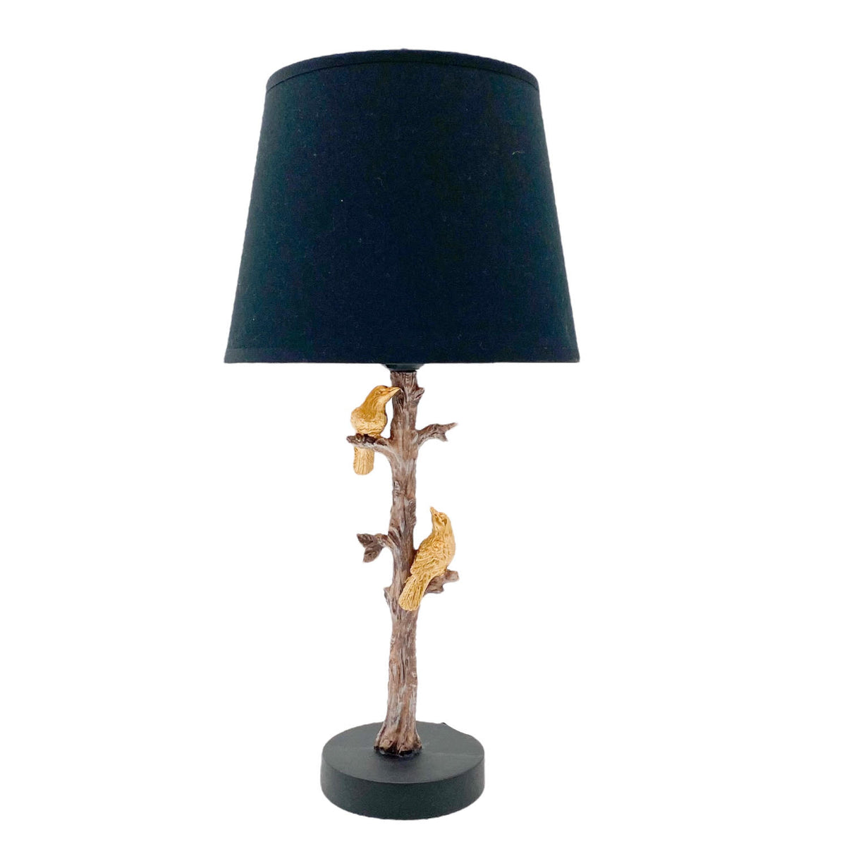 MSL Table Lamp with a tree branch design and gold birds under a black shade
