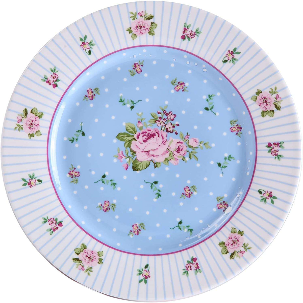 Beautiful floral cake plate set in pastel blue with pink roses and polka dots for elegant desserts