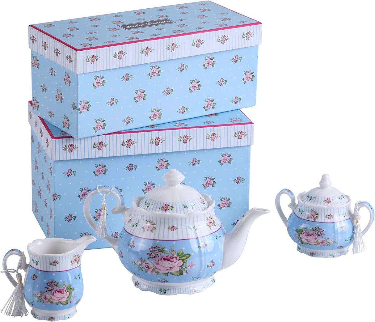 Beautiful floral tea set by London Boutique Lifestyle including a teapot, cream jug, and sugar bowl, perfect for a cake stand