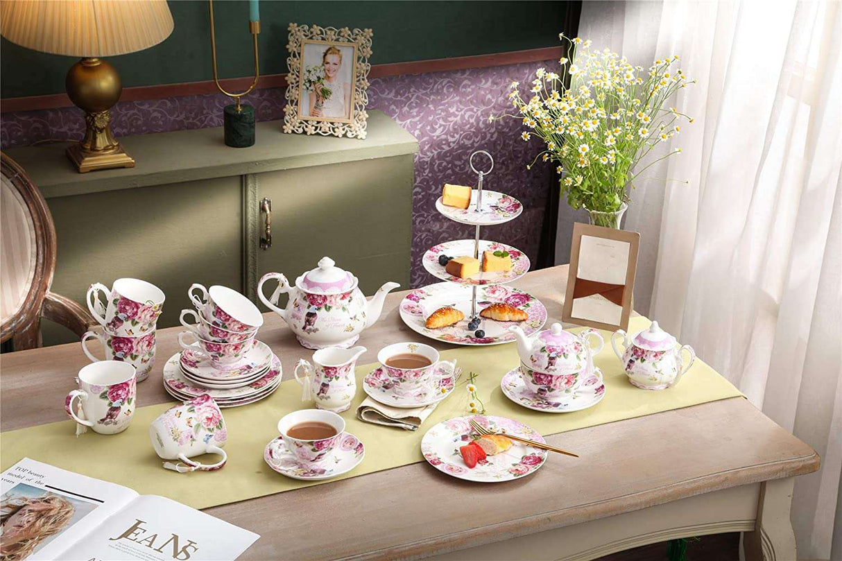 Elegant floral tea set with a Cake Stand displayed on a stylish table for a sophisticated tea party