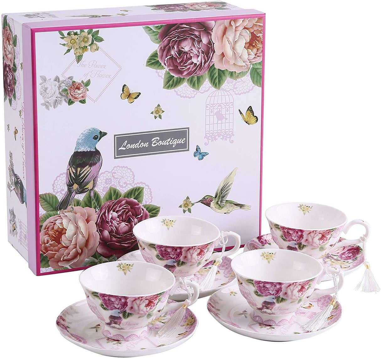 London Boutique Lifestyle Floral Tea Set with Four Cups and Saucers, perfect for displaying on a Cake Stand