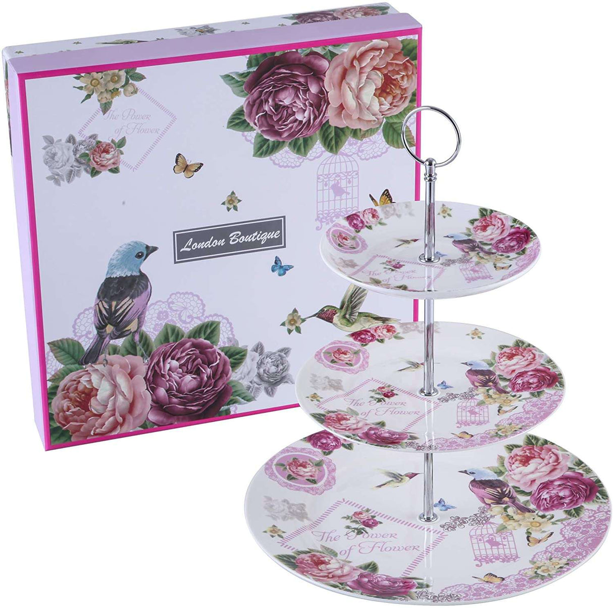 Elegant London Boutique Lifestyle cake stand with three tiers and floral design, perfect for serving desserts