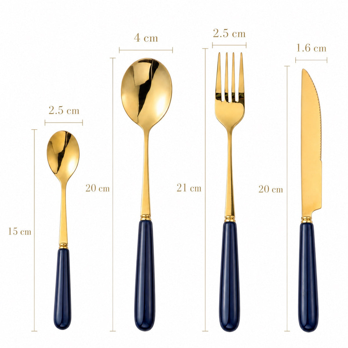 Elegant KitchBoom Cutlery Set in gold and navy featuring spoon, fork, knife and dessert spoon