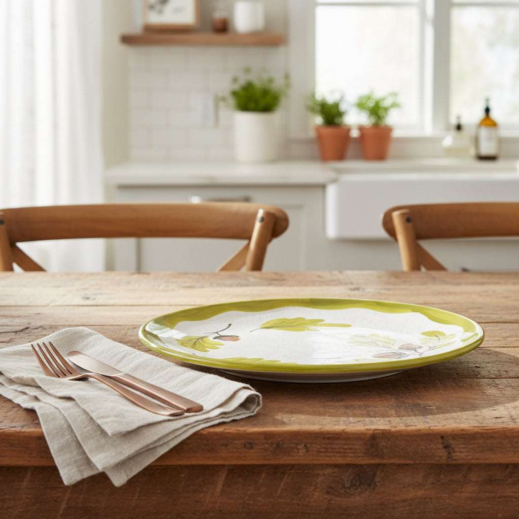 Selbrae House Round Serving Platter with Floral Design on Rustic Wooden Table