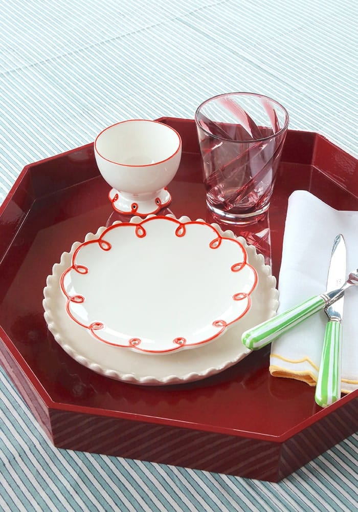 Casa by Josephine Jenno Side Plates with Red Decorative Edge on a Tray with Matching Accessories