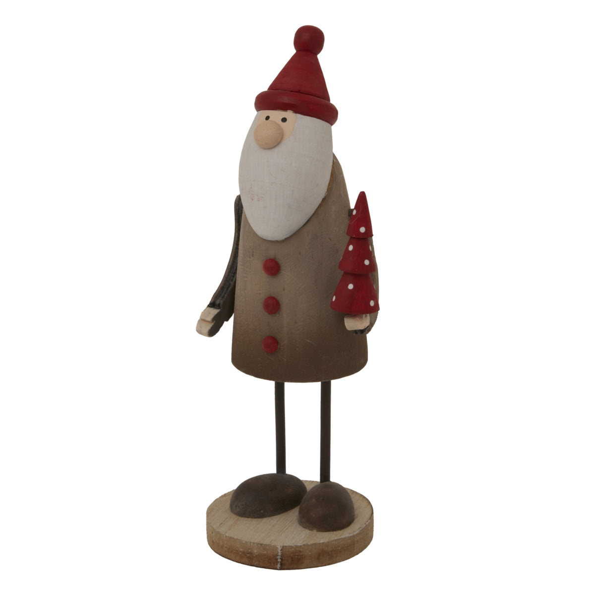 Tall Santa figurine in a brown coat holding a red tree, ideal for Christmas room decorations