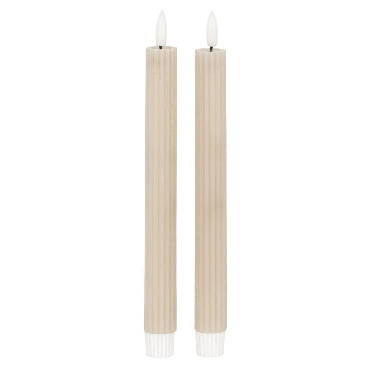Set of two beige taper candles with ribbed design for elegant table decor