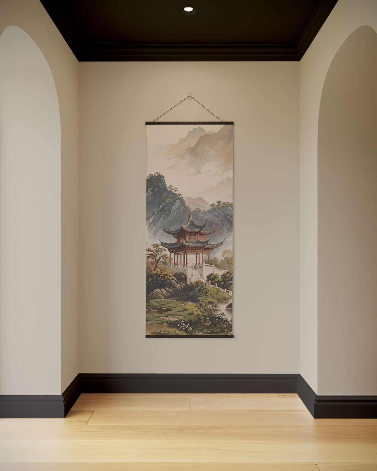 Printworks Tapestry featuring a serene landscape with mountains and traditional architecture