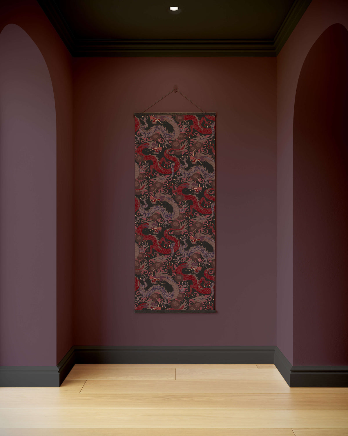 Printworks tapestry featuring intricate dragon patterns in red and brown, adding elegance to any room
