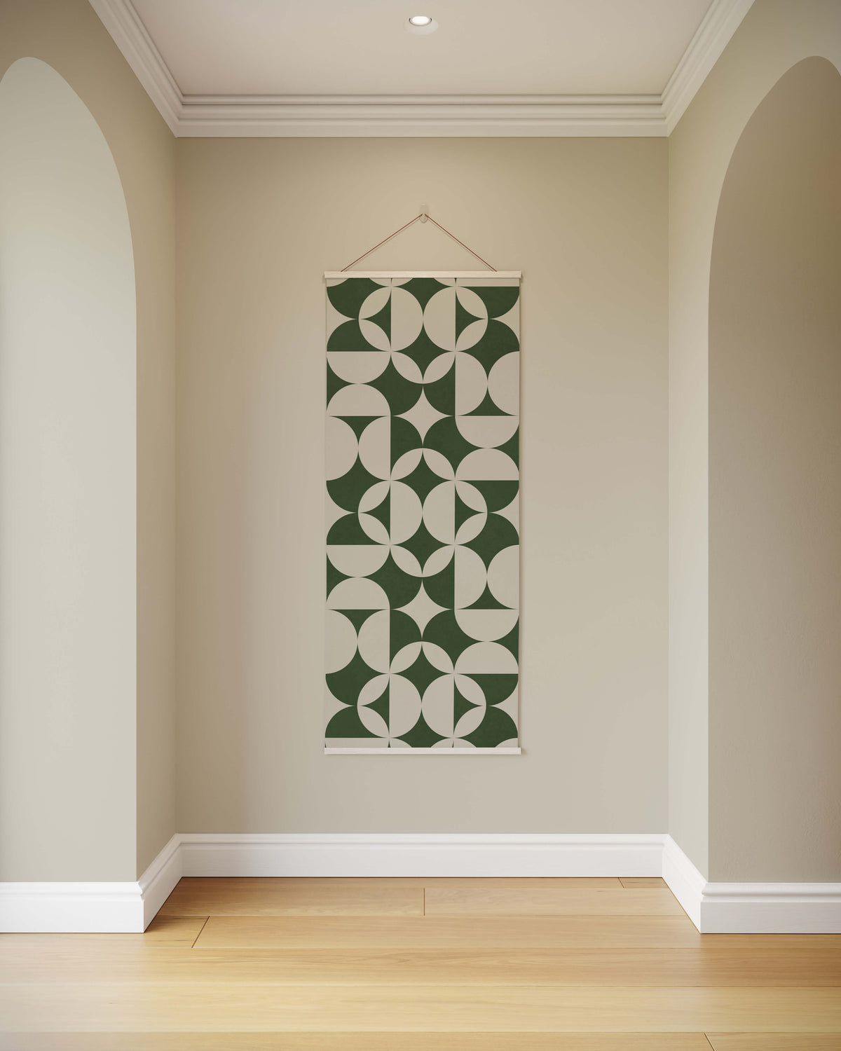 Printworks Tapestry featuring geometric patterns in green and cream for stylish wall decor