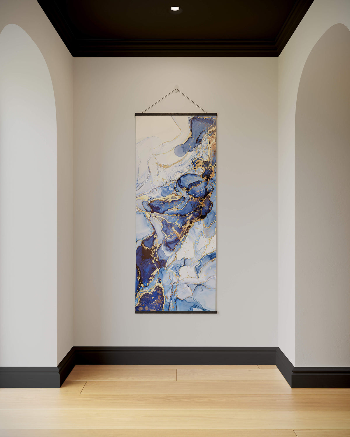 Elegant blue and gold abstract Printworks tapestry hanging on a wall for modern decor